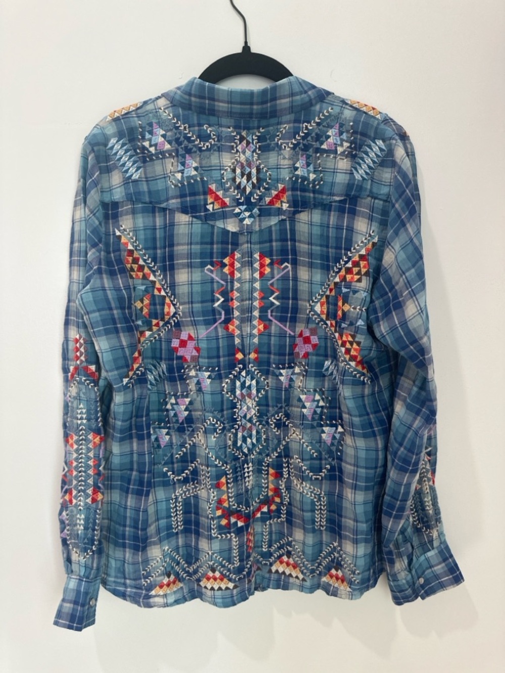 Johnny Was Blue Plaid Embroidered Button-Down Shirt